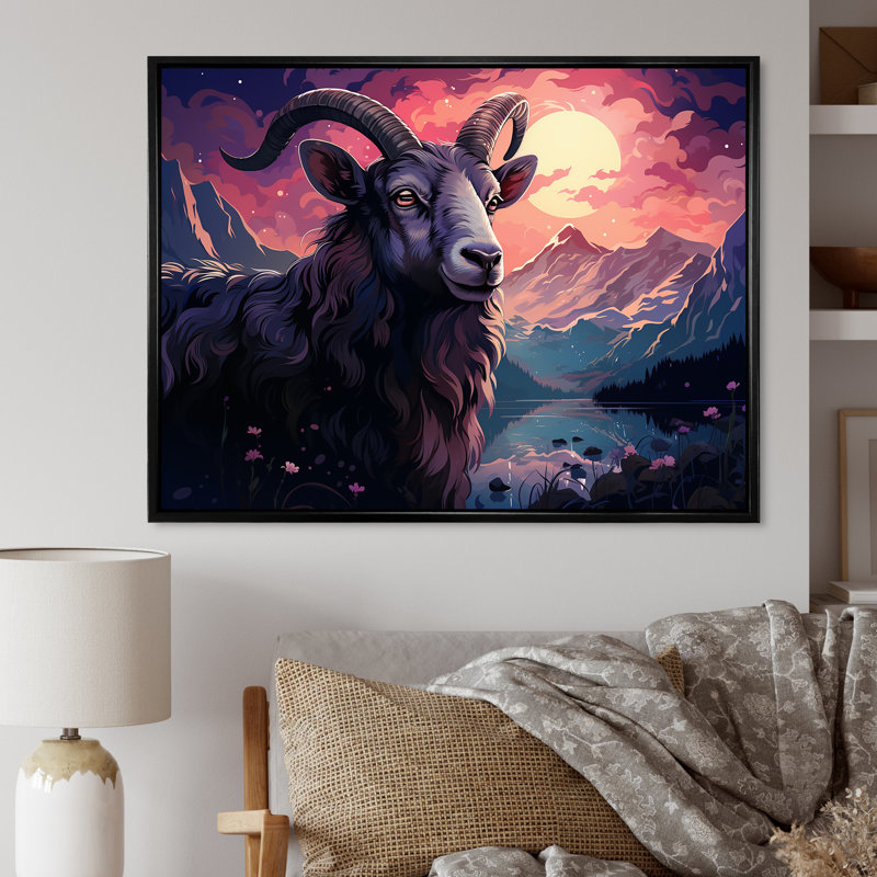 «Buck Goat Twilight Trek 1», art mural animal de chèvre, Cadre flottant noir, H 12 po x l 20 po x P 1 po