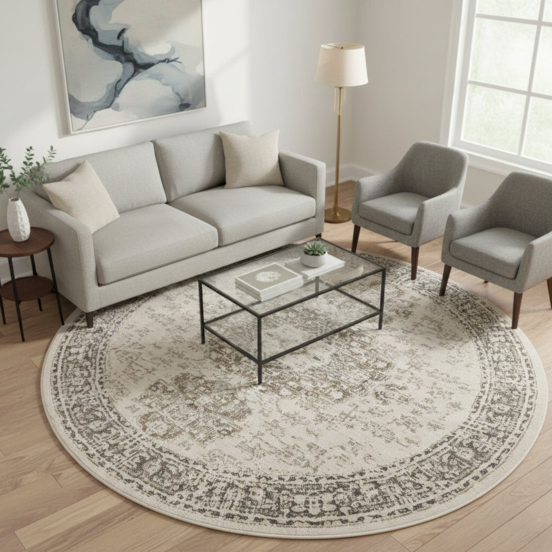 Tapis beige / gris Nimoha, Rond 7 pi 10 po