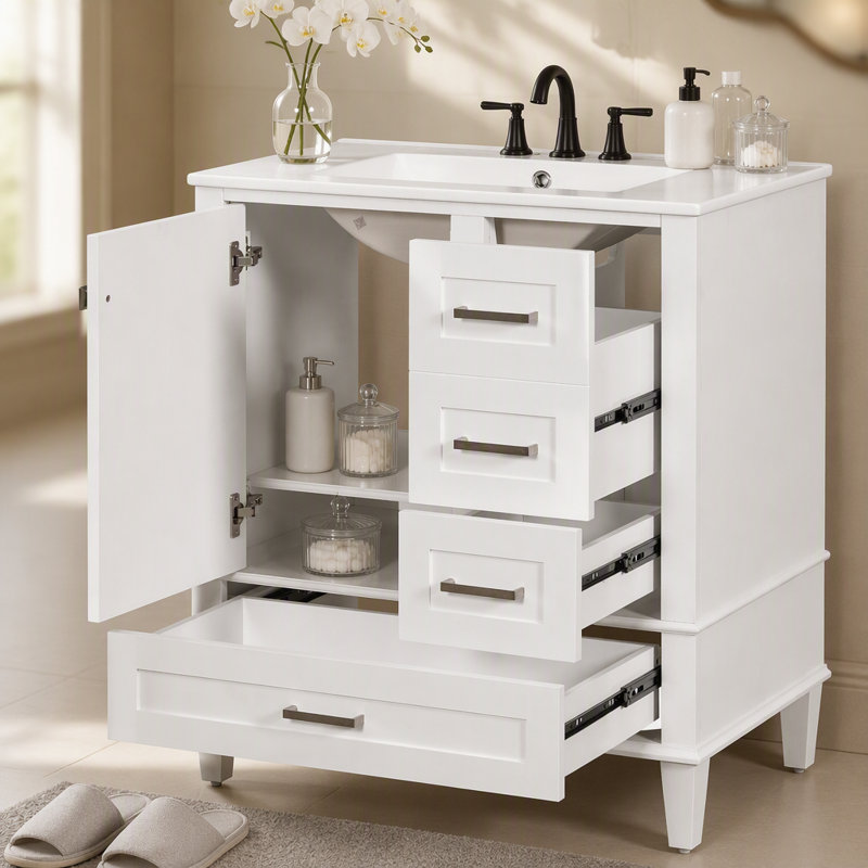 Ensemble de meuble-lavabo moderne avec lavabo 30 po, meuble-lavabo moderne avec porte à fermeture douce et 3 tiroirs, structure en bois massif