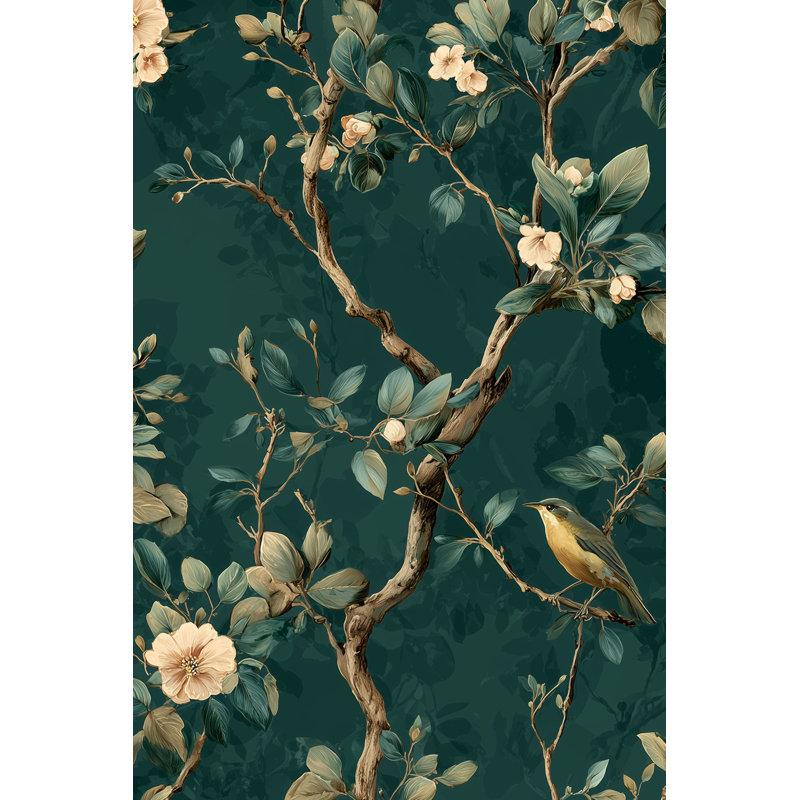 Papier peint floral, oiseau rétro