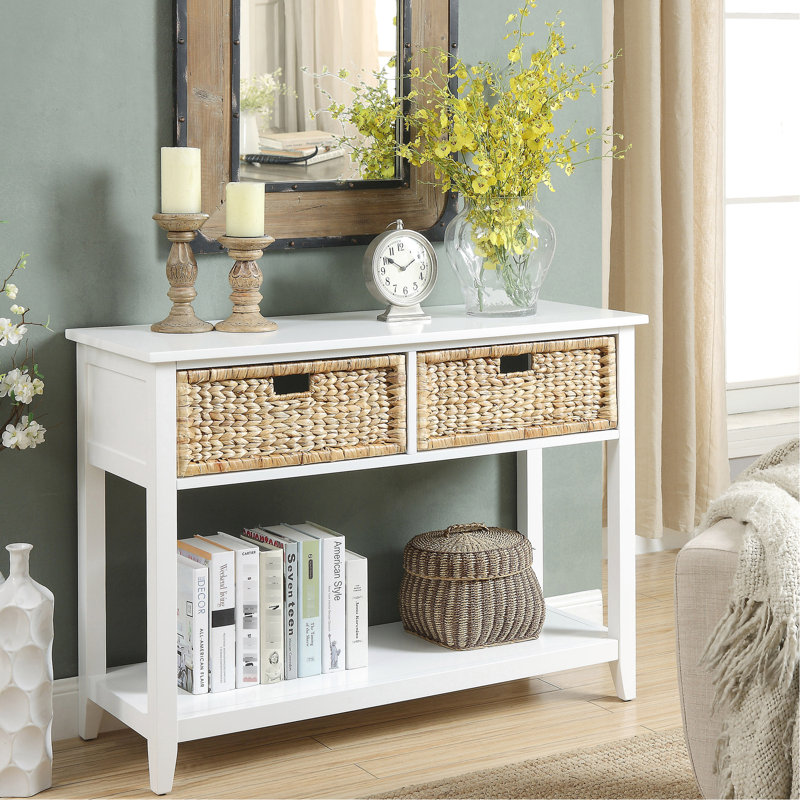 Rectangular Console In White With 2 And Shelf Storage Table Open