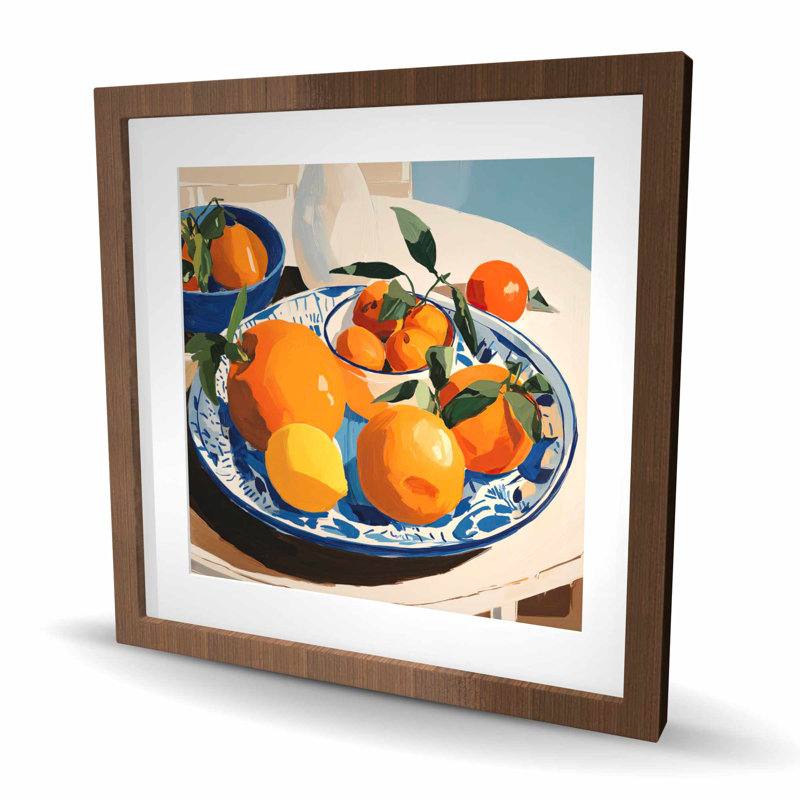 Oranges - imprimé gastronomique encadré mat bleu pour la décoration intérieure, H 24 po x l 24 po