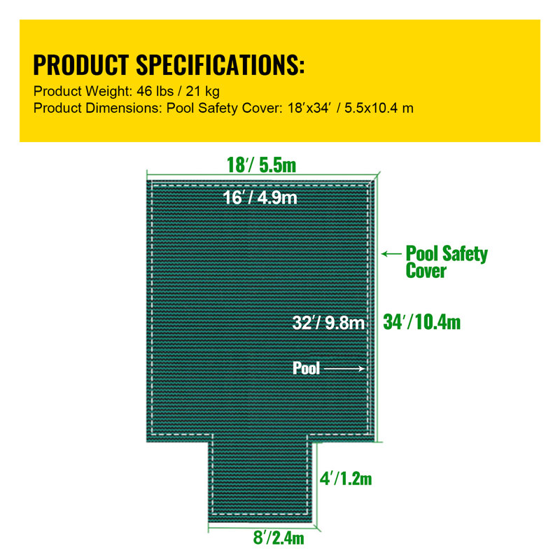 Pool Safety Cover Fits 16x32ft Rectangle Inground Pools, Safety Pool Cover with 4x10ft Center End Step, Mesh Solid Pool Cover with Drainage Holes for Swimming Pool, Winter Safety Cover, Green