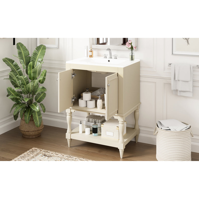 Meuble-lavabo 24 po avec rangement pratique et lavabo en céramique lisse, Beige