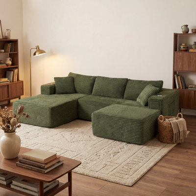 Boneless 108" Left Hand Facing Corner Sectional With Chaise And Ottoman Corduroy Upholstered Compression L-Shaped Sofa