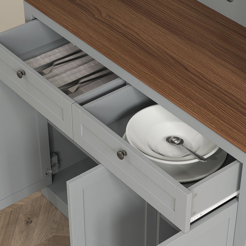 Armoire de cuisine pratique avec support pour micro-ondes, huche de cuisine avec tiroirs et tablettes réglables, Gris / Chêne
