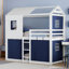 Lit superposé simple en bois bleu et blanc avec tente, environnement de sommeil et de jeu confortable, pin, lattes pour la conservation du matelas, élément central de la chambre à coucher