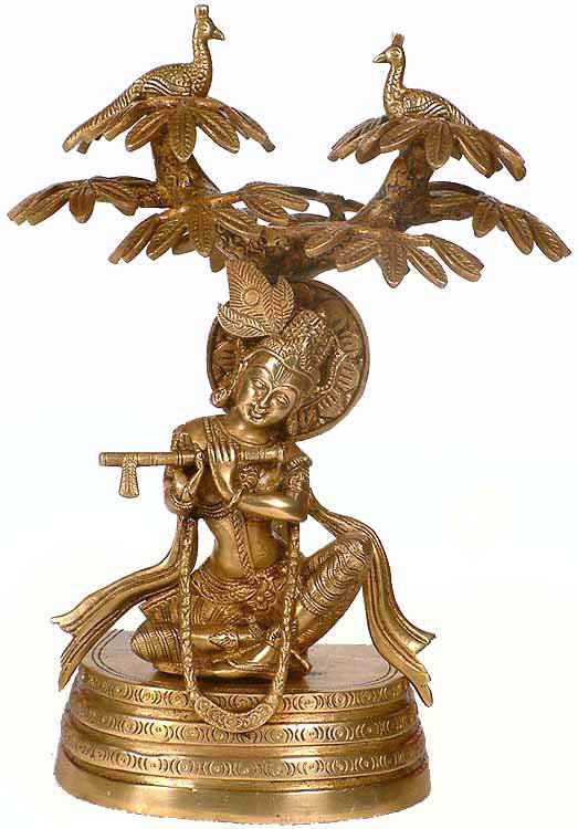 Handcrafted Brass Krishna Under Kadamba Tree Statue, 10.5 in. Tall     Hindu Devotional Figurine for Home Altar & Meditation Room