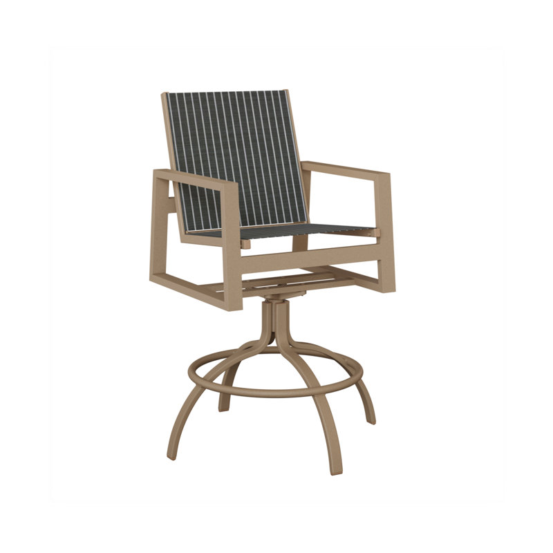 Chaise de bar pivotante en aluminium Ceasar, Chêne veiné de bois, Whisper rayé bleu marine