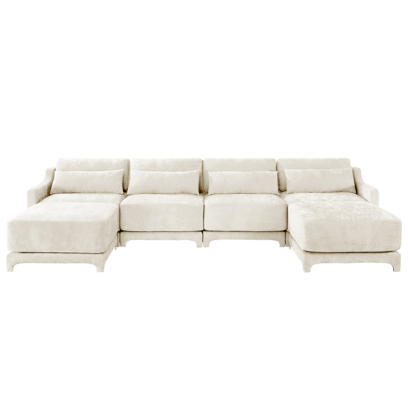 Canapé à quatre places, 1 repose-pieds mobile, coussin lombaire, tissu chenille, structure en bois massif, ergonomique, éponge haute résilience, accoudoirs élégants, installation facile. Convient aux salons, hôtels, salons, beige