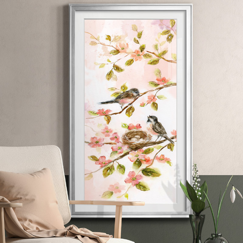 Blush Birds II - peinture encadrée, Argent, H 10,5 po x l 18,5 po x P 1,5 po