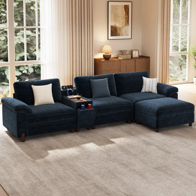 Canapé modulaire en L à 4 places avec console de chargement polyvalente, porte-gobelets, repose-pieds avec rangement et housses lavables, chenille bleu marine