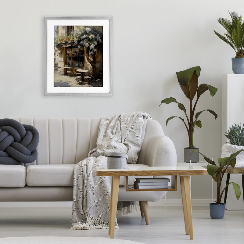 Sunlit French Cafe Terrace, reproduction encadrée sous verre, design by Creative Studio, Farmhouse Grey Under Glass Framed