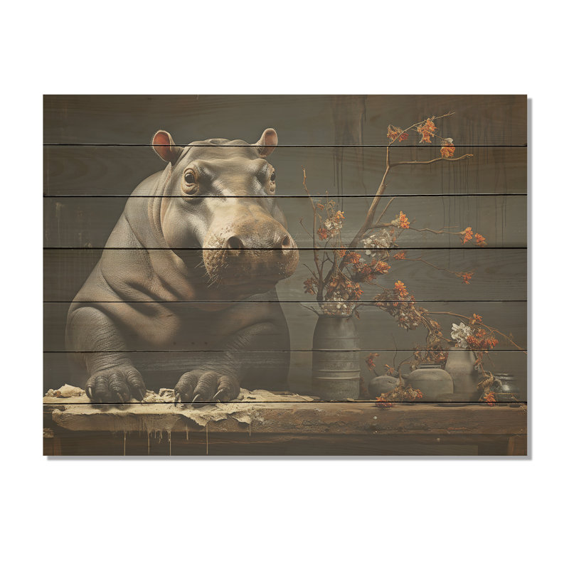 Rivers Guardian I - Hippopotame sur bois, H 24 po x l 32 po x P 0,78 po