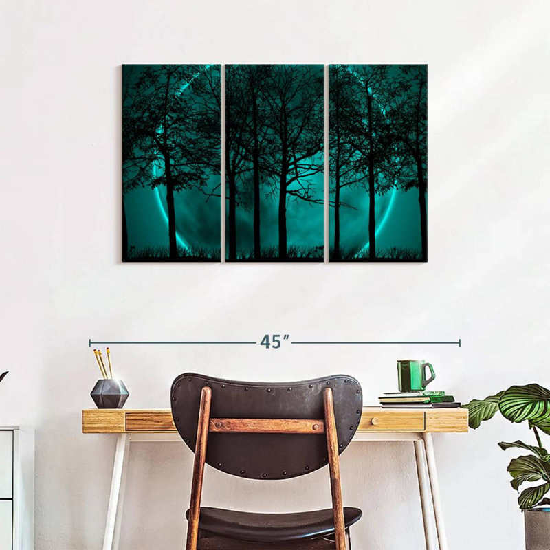 Silhouette de forêt turquoise sur toile, ensemble de 3 pièces, H 24 po x l 38 po x P 1,25 po