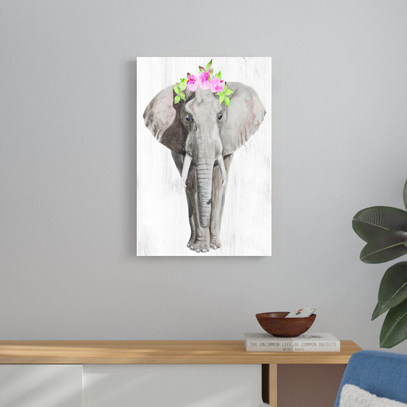 Éléphant avec couronne de fleurs - reproduction d'art sur toile tendue, H 30 po x l 20 po