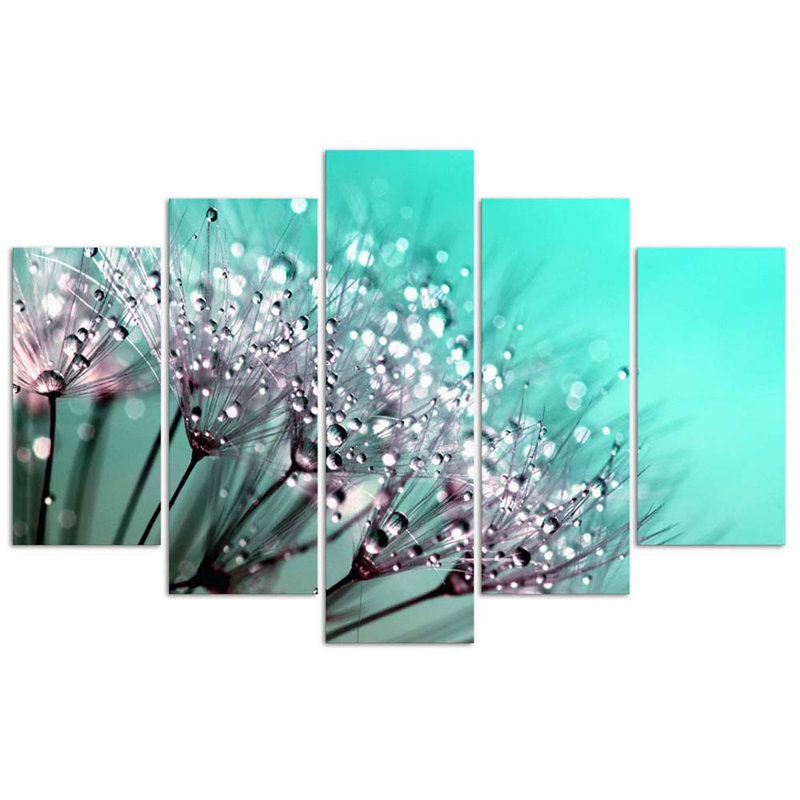 Turquoise Flower Fan - 5 Piece No Frame Print on Canvas, 100cm H x 200cm W