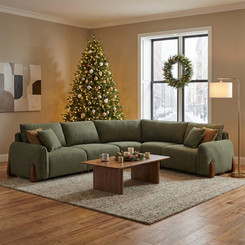  Upholstered Modern Modular Curved Corner Sectional Sofa With Solid Wood Legs, 34.6" H x 167.3" W x 107.9" D