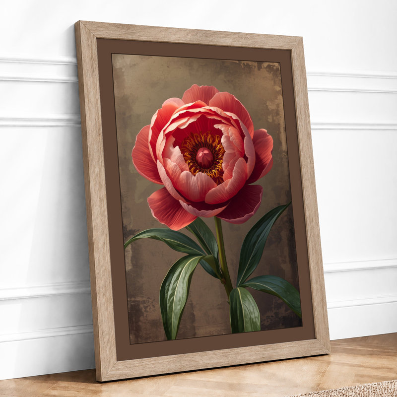 Peony in Repose Botanical - Framed Print, A2 - 59.4 x 42.0 cm, Oak