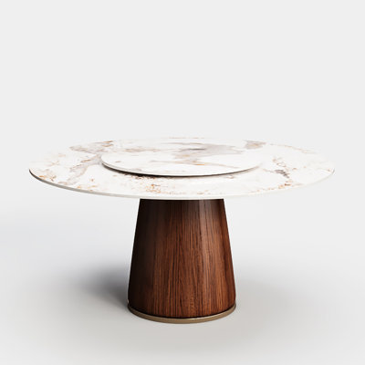 Table ronde colorée de 53 po pour la salle à manger, pierre frittée en faux marbre, piédestal en noyer massif et table tournante contemporaine facile à partager, plateau en pierre brillante, base en bois, silencieux à 360 °