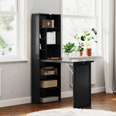 Fold-out Convertible Writing Table, Wall Mount Desk Cabinet with Blackboard and Side Shelf Multi-Function Home Office Workstation, Black by Ebern Designs