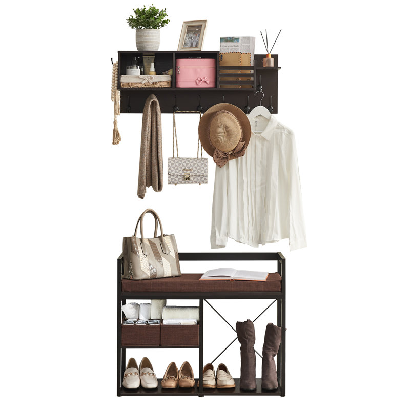 17 Stories Coat Rack Shoe Bench Set, Entryway Hall Tree With Bench Shoe Rack, Wall Mounted Coat Rack, Cubbies, Shoe Horn, Mail Organizer, 7-In-1 Design