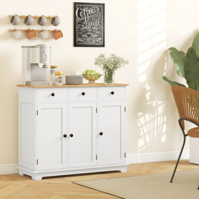 Armoire de cuisine, armoire de plancher avec plateau en bois massif, tablette réglable et 3 tiroirs, blanc