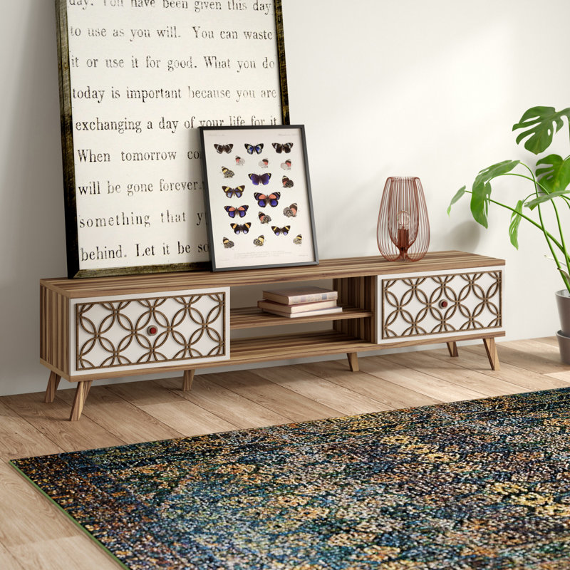 Meuble télé moderne avec de nombreuses tablettes, noyer et crème, 70,9 x 17,3 x 13,8 pouces | 100% panneau de particules enduit de mélamine, épaisseur: 0,7 pouce | Fixation murale, conception géométrique élégante, pieds en plastique durables