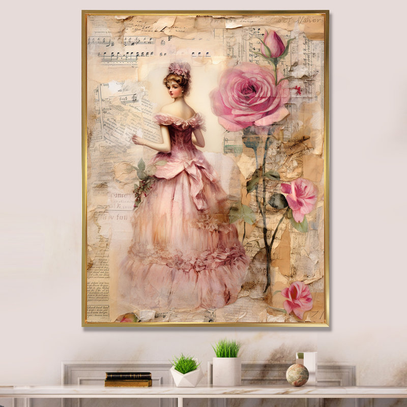 «Victorian Lady Pink Roses Rustic Vintage I - Rose», art mural encadré, H 40 po x l 30 po x P 1,5 po, Cadre flottant doré