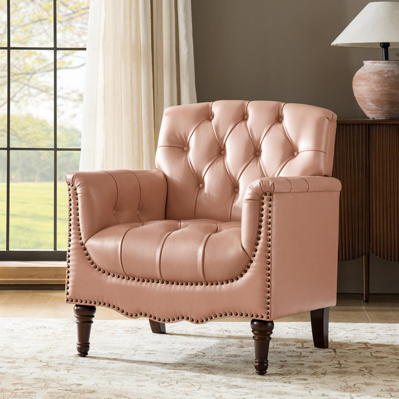Annja 32" W Tufted Genuine Leather Armchair, Pink Top Grain Leather