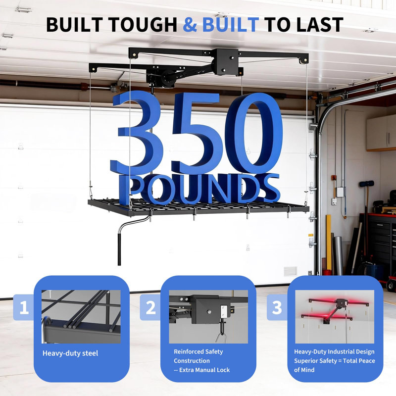 Supports de rangement pour plafond de garage 4 pi 4 po, support de garage manuel à manivelle, support de plafond robuste en acier au carbone, hauteur réglable, capacité de 350 lb
