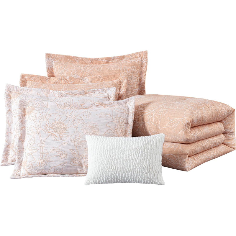 Katrina Floral Jacquard Textured Comforter Set, Twin Comforter + 3 Additional Pieces, Orange/White