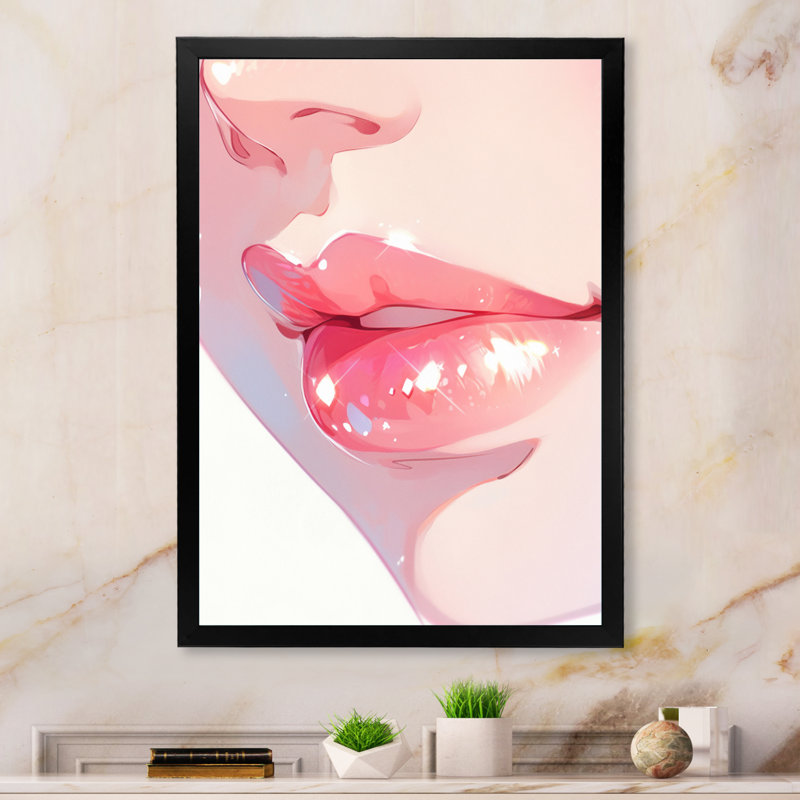 «Pink Pastel Pout Lips» sur toile, Cadre simple noir, H 32 po x l 24 po x P 1 po