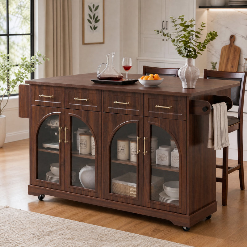 Îlot de cuisine de 65 pouces avec abattant de rangement et prise électrique, Brown