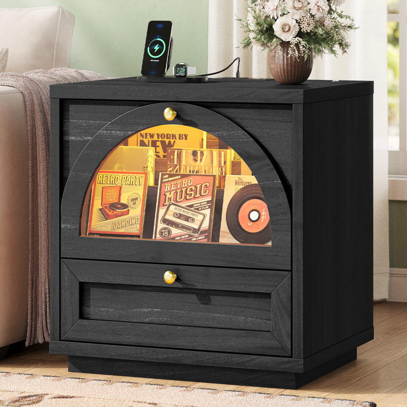 21.26'' W Nightstand With 2 Drawers Charging Station & Led Lights For Bedroom Living Room