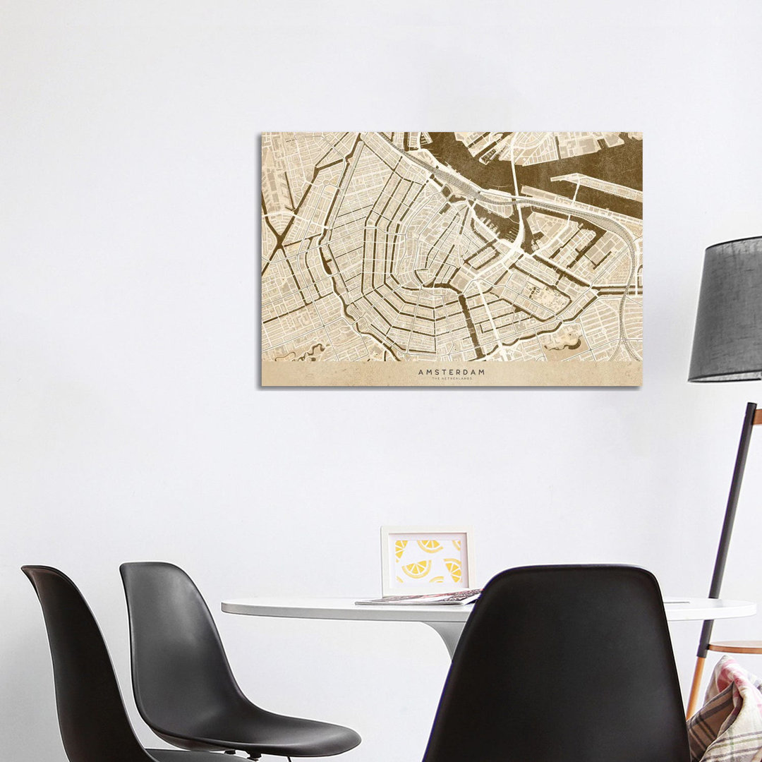 Sepia Vintage Map Of Amsterdam von Blursbyai - Galerie-verpackte Leinwand Giclée auf Leinwand