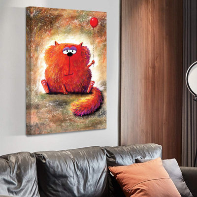 IDEA4WALL Cute Tail Cat Canvas Wall Art Print Red Cat Hold A Red Balloon Cartoon Lovely Animal Illustrations Modern Art Rustic Colorful Multicolor For Living Room, Bedroom, Office