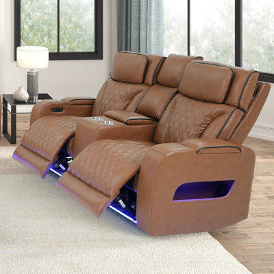 Jazz 74" Light Brown Leather Aire Transformer Power Reclining Loveseat With Power Headrest, Bluetooth Speakers, LED Lights, USB & USB-C Ports, Storage & Cupholders