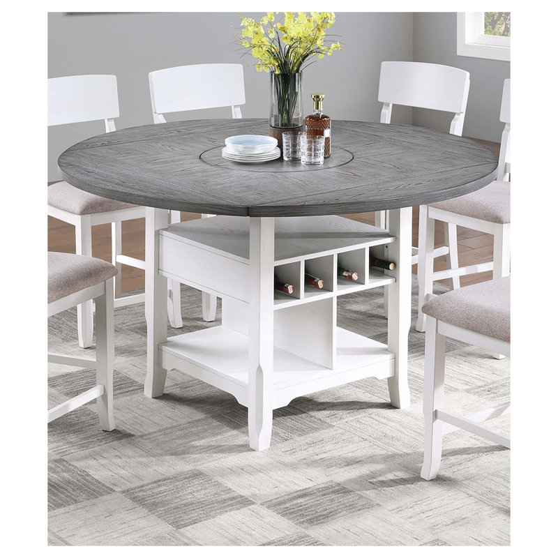 Table de salle à manger à hauteur de comptoir ronde antique blanche et grise avec plateau tournant et tablette de rangement intégrée