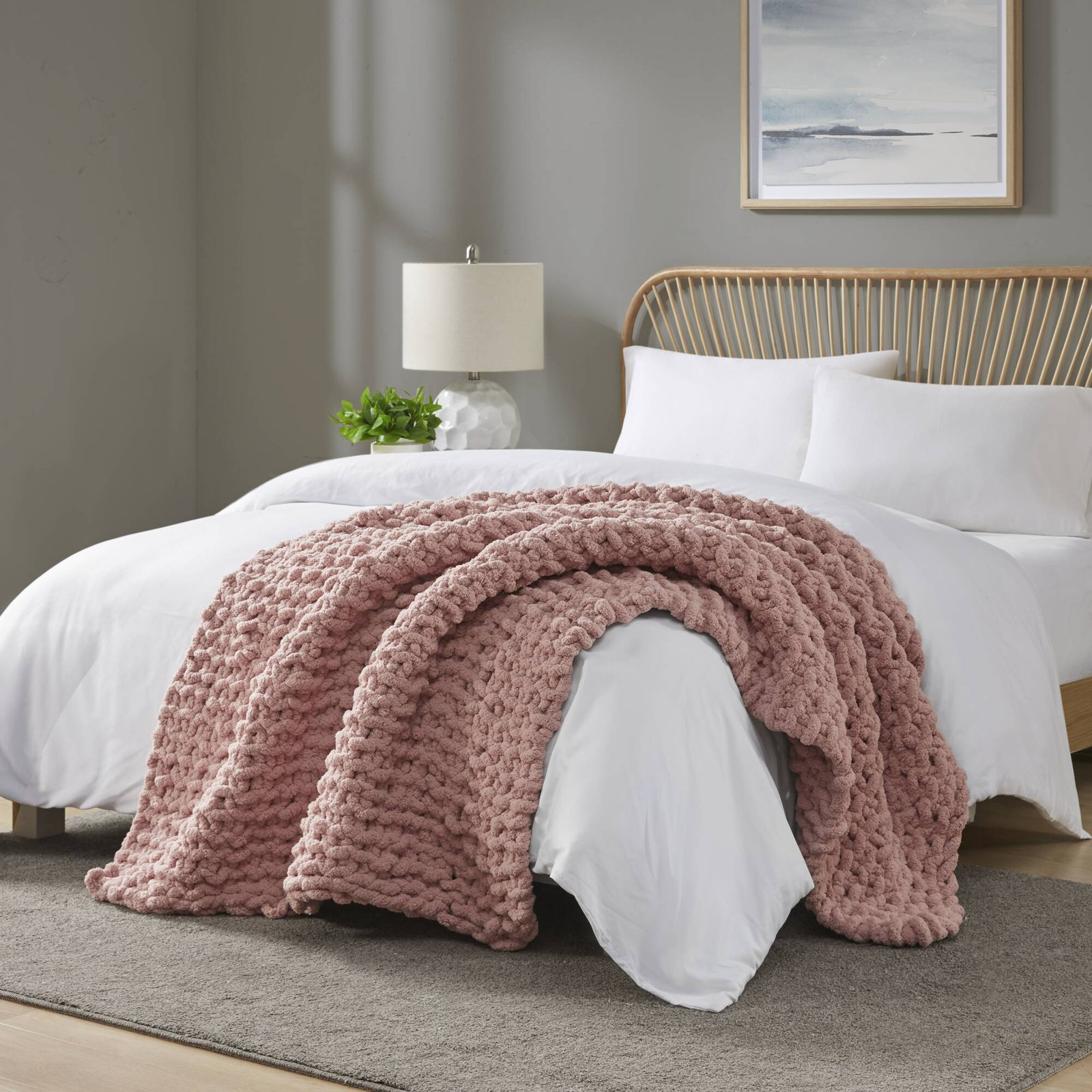 Chenille Chunky Knit Throw Blanket, Blush