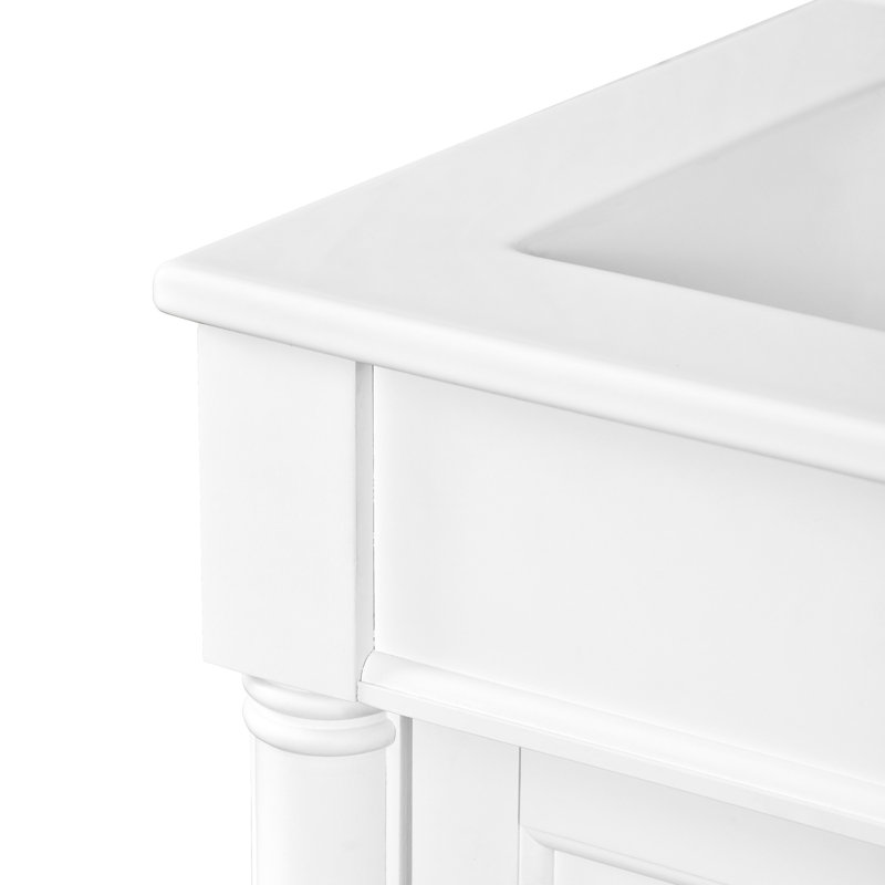 Meuble-lavabo 24 po avec lavabo supérieur. Style moderne. Bois massif. Grand rangement. Blanc. Poignée exquise. Charnières. Robinet 4 po. Cadre de lavabo en céramique. Planches. Grandes charnières