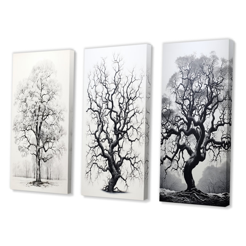 «White Tree Elegance Landscape», 3 pièces sur toile, Encadré naturel, H 28 po x l 36 po