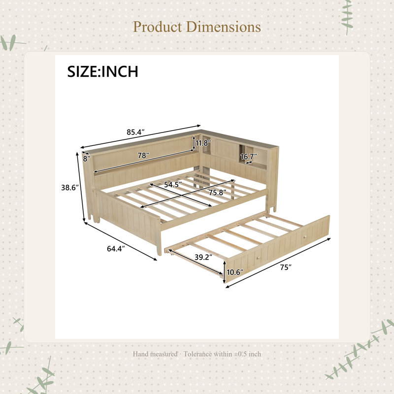 Lit de jour pleine grandeur en bois avec tablettes de rangement et lit gigogne, lait blanc antique