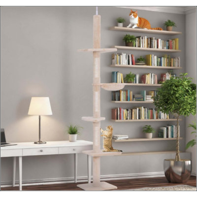 Tour pour arbre à chat réglable du plancher au plafond (90,5 po à 102,25 po) avec 5 plateformes moelleuses et un poteau à griffer en sisal - beige