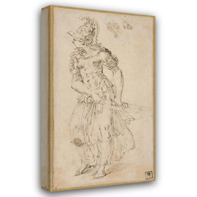 "Statue féminine debout en armure dessinant son épée" par Parmigianino - Art mural toile tendue avec châssis