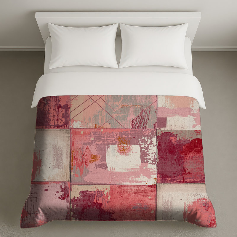 Housses de couette carrés roses à motif abstrait, Très grand lit
