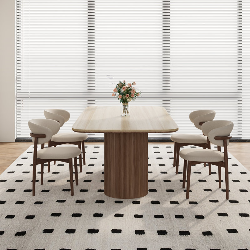 Mid Century Modern Dining Chairs With Brown Solid Wood Legs, Beige Kitchen Chairs, 4