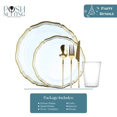 Posh Setting 420 Piece White And Gold Plastic Party Bundle - Aristocrat (60 Settings)