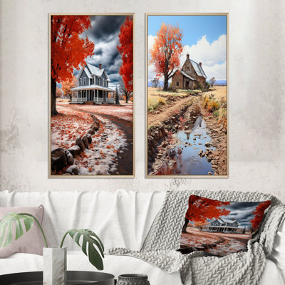 Farmhouse - harmonie rouge et grise - ensemble de 2 reproductions