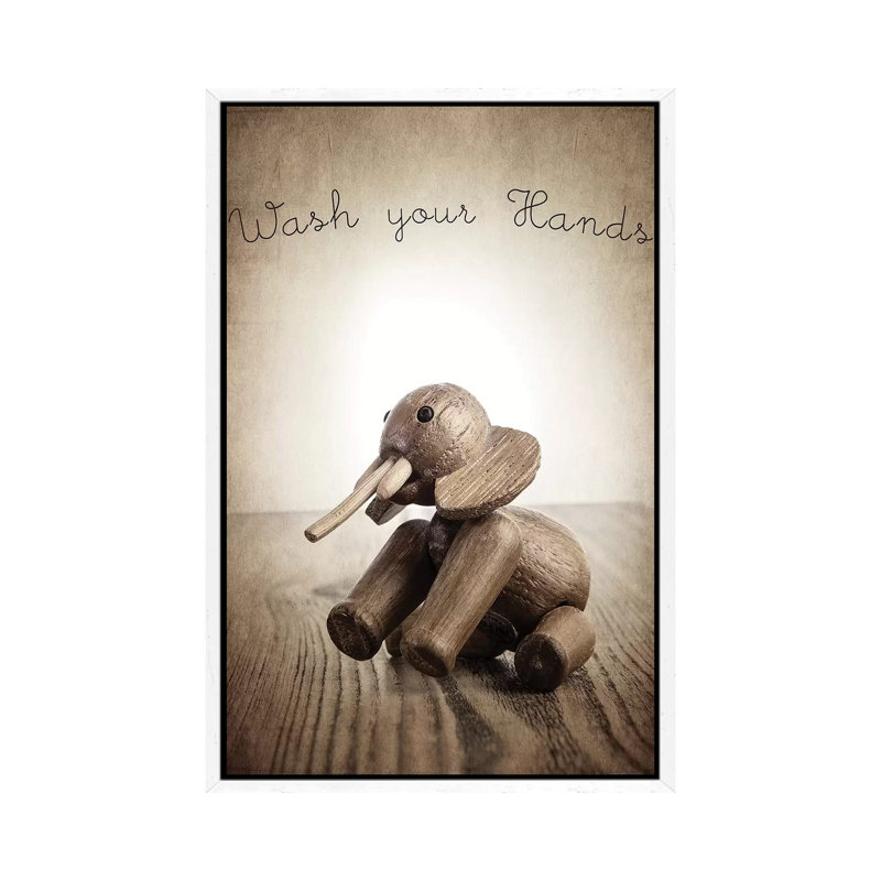 Zooline Elephant Wash Your Hands 1 Piece Wall Art on Canvas, 66.04 cm H x 45.72 cm W, White Framed